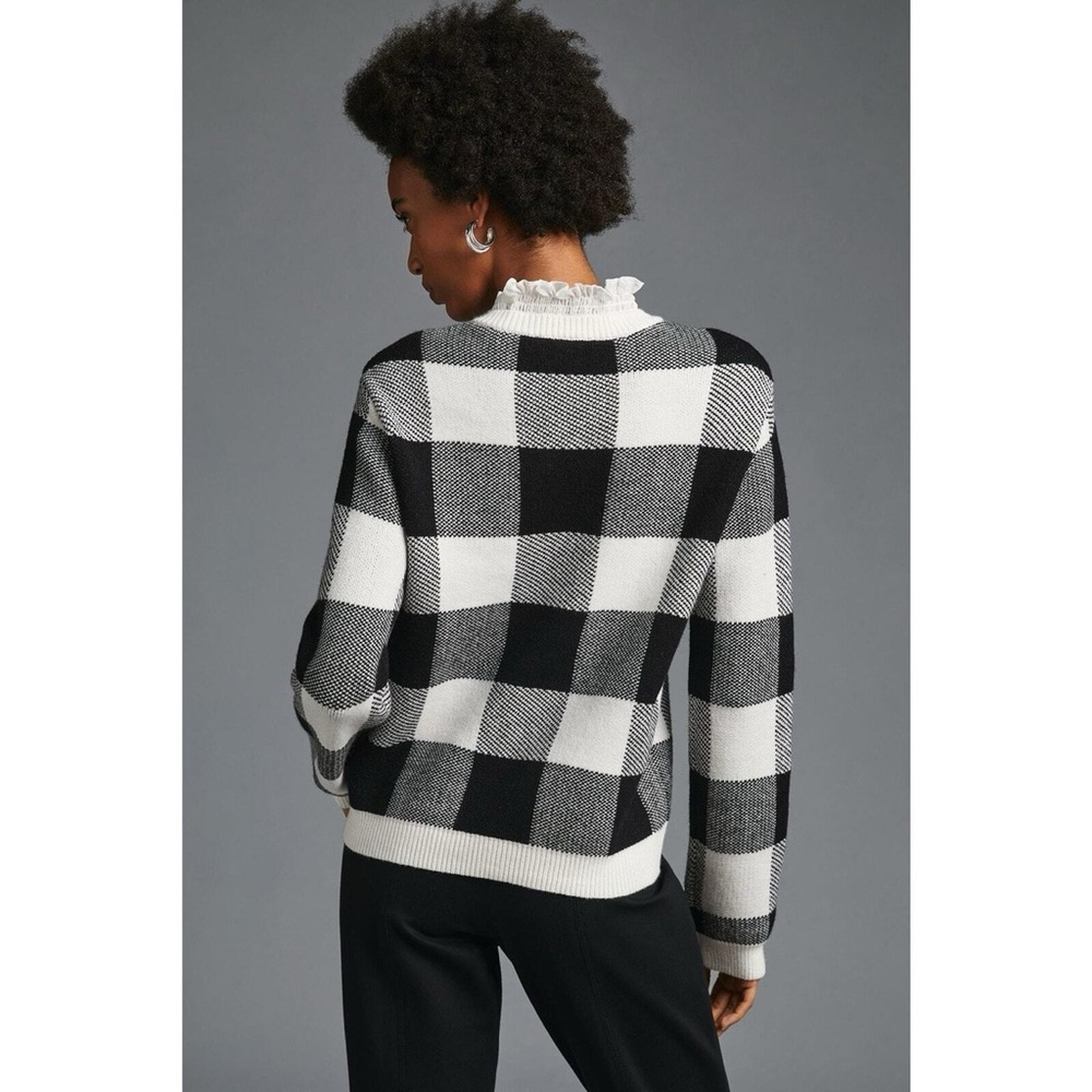 Anthropologie | Plaid Ruffle Collar Pullover Sweater Black White Women’s Size L - Picture 4 of 14